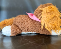 The side of snorri showing how fluffy she is and showing the pink bandana that she is wearing. You can see her fluffy ears. 