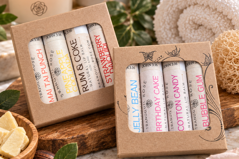Tranquil Rose handcrafted lip balm gift box featuring seasonal flavors, natural ingredients and beautiful ready-to-gift packaging.