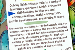 This text on an informative card explains how Quirky Pickle Sticker Pals provides skill-building enhancement and what items come in a pack.