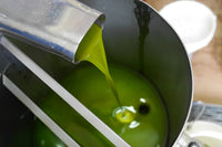Green unfiltered extra virgin olive oil flowing into a collection vat after the olives have been crushed.