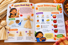 An  November Celebrations guide displays a corn husk doll craft on the left page, and a recipe
for three sisters stew on the right page.