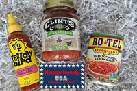 This picture shows a can of the famous Rotel tomatoes and chilies, a jar of Clint's salsa, and a bottle of Yellow Bird hot sauce.