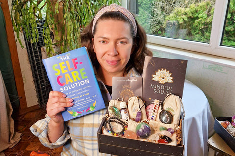 Elegant monthly box for divine mindful meditation, featuring calming designs and spiritual crystals, home decor for a serene experience. 