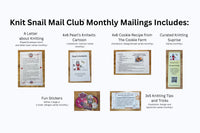 Knit Snail Mail Monthly Letters include knitting letters and cartoons, cookie recipes, tips and curated surprises. 