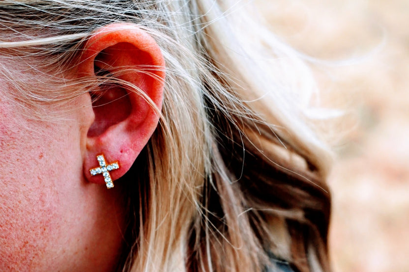 Cross Stud Earrings (Gold plated and Crystal)