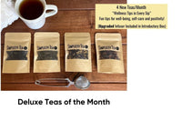 Four kraft paper pouches of Simplicity Tea displayed on a wooden table, next to a cup of tea and a metal tea infuser. Deluxe Subscription.
