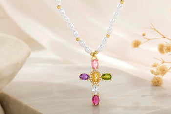 Gold Pearl Cross Necklace — Multi-Color Gemstone Cross Pendant on a Pearl Beaded Chain, 16 Inch with 2 Inch Extender, Gift for Her