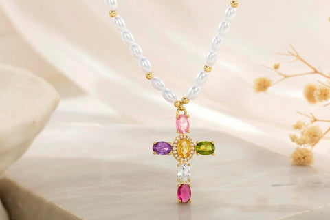 Gold Pearl Cross Necklace — Multi-Color Gemstone Cross Pendant on a Pearl Beaded Chain, 16 Inch with 2 Inch Extender, Gift for Her