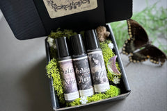 Muse Fragrances by SugarMuses® nestled in a small black box packed with organic moss and other botanicals.