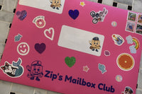 A hot pink Zip's Mailbox Club envelope covered in heart, rainbow and Zip stickers, with four flag stamps in the corner.