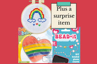 Craft n Stitch Subscription Boxes for kids are filled with at least one sewing kit and three variety craft kits, plus stickers, tools & more
