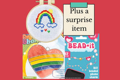 Craft n Stitch Subscription Boxes for kids are filled with at least one sewing kit and three variety craft kits, plus stickers, tools & more