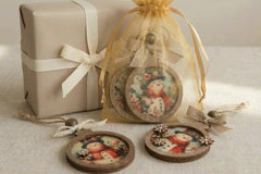 Handcrafted vintage-style wooden ornaments featuring art paper designs, finished with rustic details