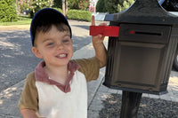 A smiling boy raises the red flag on the family mailbox, ready to send his reply to Zip, the friendly stamp who lives in the mailbox.