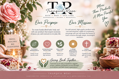 Tranquil Rose brand story featuring handcrafted bath and body products, natural ingredients, self-care, faith and giving back.