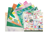 Colorful scrapbook papers and stickers in a monthly scrapbook kit featuring floral designs and cameras, ideal gifts for women
