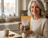 Woman holding Winter Wonderland simmer pot kit from the Senior Joy Box December collection, handmade and festive.