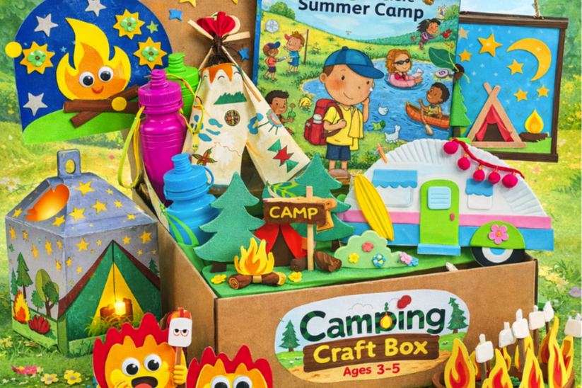 Little Dreamers Club Camping craft box for ages 3–5 featuring colorful camping crafts, art supplies, and a themed storybook.