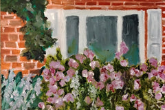 Greeting card design sample- oil painting of flower bush near a window lovely stationery