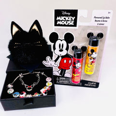 Disney Anniversary Bundle: Vintage Silver Red & Black Charm Bracelet, Mickey Mouse Chapstick and Keychain