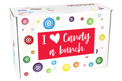 Closed I heart Candy a Bunch box.  Rainbow colored swirls adorn the box top.  All City Candy exclusive candy assortment box of sweet candy.