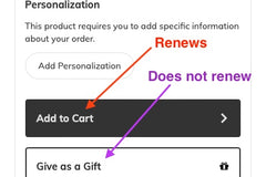 Add to Cart button renews, Give as a Gift button does not renew. 