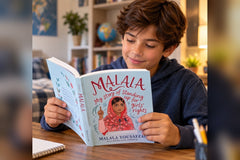 A tween boy is seated a a table contently reading the book Malala: My Story of Standing up for girls’ rights.