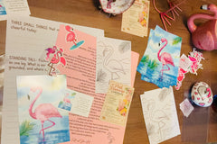 Flamingo print, recipe card, stickers, coloring page, journal page and letter ready for the monthly mailout