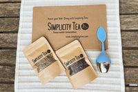 Wellness delivered every month. Two kraft package simplicity teas, blue leaf infuser, first time box packaging. Wellness in every sip.