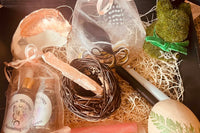 Ostara offering with Altar decor of twig nest, Copper leaf shell vessel for ritual salt, Balance spell work, Wooden Egg w/incense + oil
