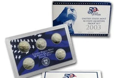 2003 United States State quarters proof set with official certificate included in coin collector's box. 