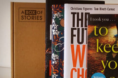 Brown subscription box filled with four fantasy novels, featuring magical worlds and adventurous plots for fans of imaginative storytelling