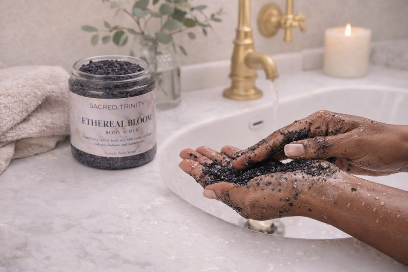 Sacred Trinity luxury body scrub shown in hands with water, highlighting rich exfoliating texture for an intentional self-care ritual
