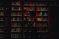 Wide and high quality image of a big bookshelf with many books in it and a staircase that is moving in front of it.