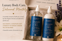The Organic Armoire REBIRTH Body Wash and Lotion in Lavender and Lillies, a luxurious body care duo for an elevated self-care ritual.