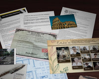 Close up photo of pieces of evidence to some mysterious detective game that is a part of a family escape game.