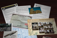 Close up photo of pieces of evidence to some mysterious detective game that is a part of a family escape game.