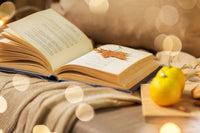 AN OPEN BOOK SITS ON A TABLE. A SOFT PILLOW AND BLANKET ARE NEARBY. TWO LEMONS SIT ON A PLATE OPPOSITE THE BLANKET.