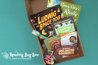 Colorful graphic showcasing the Reading Bug Box logo and subscription service details for children's books
