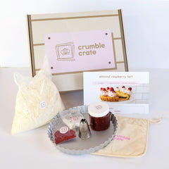 Almond Raspberry Tart DIY Baking Kit with pre-measured ingredients, tart pan, and step-by-step instructions