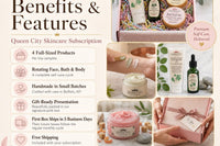 Queen City Skincare subscription benefits graphic highlighting four full-sized products, rotating Face, Bath and Body boxes, small-batch pro