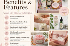 Queen City Skincare subscription benefits graphic highlighting four full-sized products, rotating Face, Bath and Body boxes, small-batch pro