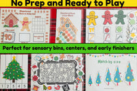 6 hands on activities. Christmas-themed, laminated activity sheets ready to use for sensory bins or centers.
