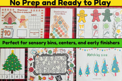 6 hands on activities. Christmas-themed, laminated activity sheets ready to use for sensory bins or centers.