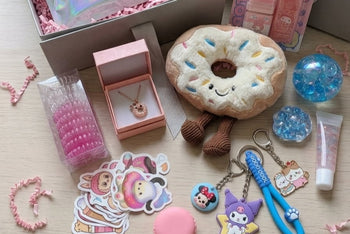Mystery box for girls 6 pc cute accessories plush toys blind box bags pens squeeze toys