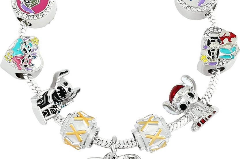 Lilo And Stitch “Party Hardy” 925 Silver Charm Bracelet w/ 9 Sapphire Embellished Charms