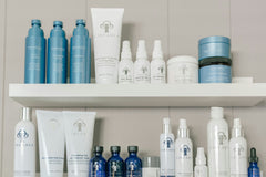 Photo from a bathroom with 2 shelves and many white and blue products. The product brand is from the USA.