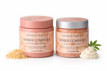 Sacred Trinity Amber Luminous luxury body butter and body scrub in full-size 4 oz jars, crafted for a premium monthly self-care ritual