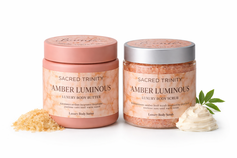 Sacred Trinity Amber Luminous luxury body butter and body scrub in full-size 4 oz jars, crafted for a premium monthly self-care ritual