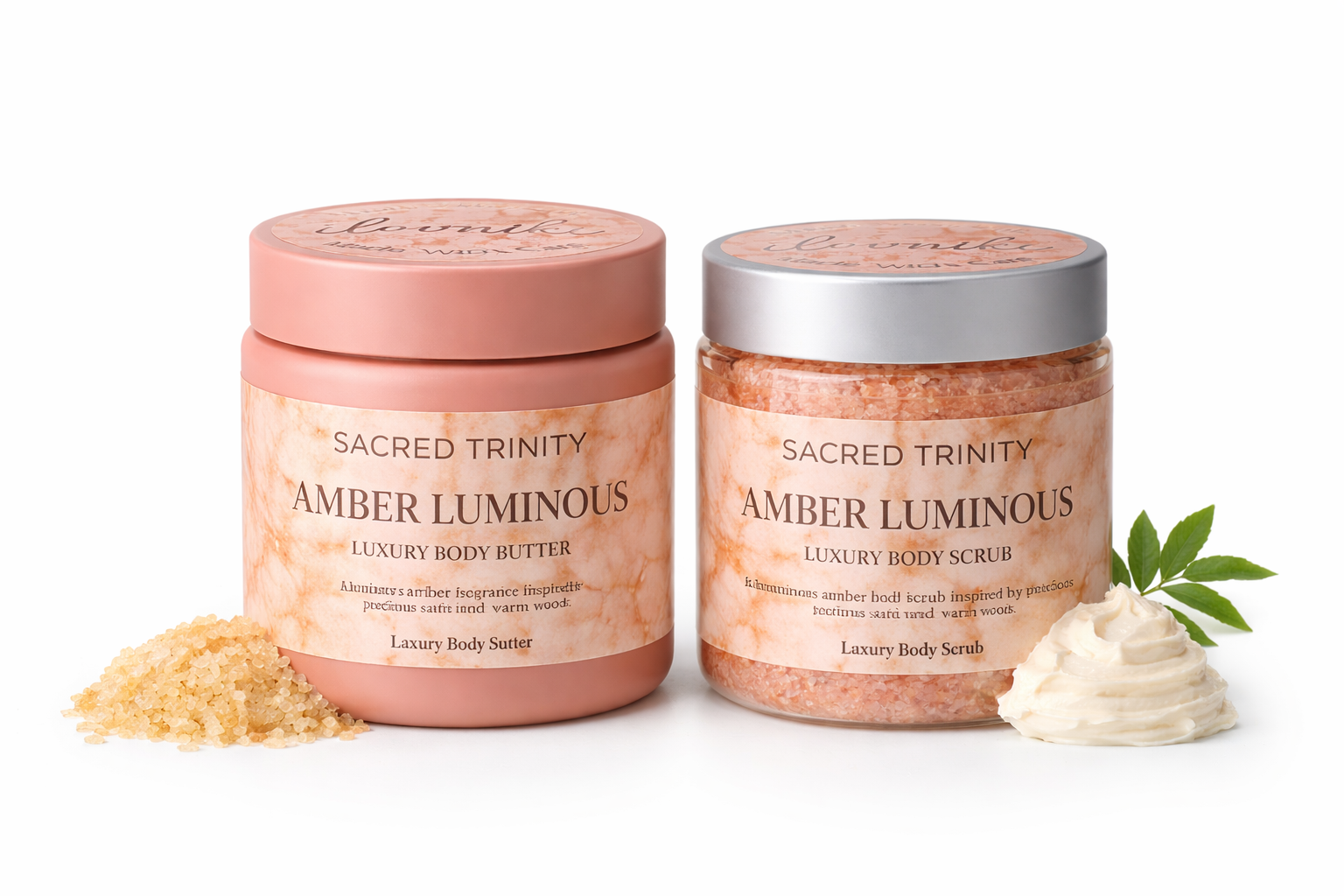 Sacred Trinity Amber Luminous luxury body butter and body scrub in full-size 4 oz jars, crafted for a premium monthly self-care ritual